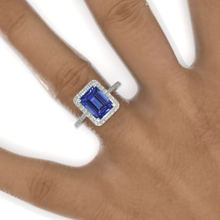 3 Carat Emerald Cut Natural Genuine Tanzanite Halo Engagement Ring