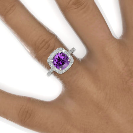 2.5 Carat Cushion Natural Amethyst Halo Engagement Ring Victorian 14K White Gold Ring