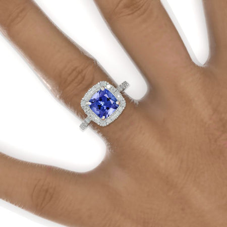 2.5 Carat Cushion Natural Genuine Tanzanite Halo Engagement Ring. Victorian 14K White Gold Ring