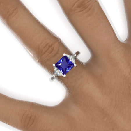 2 Carat Princess and Trillion Natural Genuine Tanzanite Engagement Ring 14K White Gold Ring