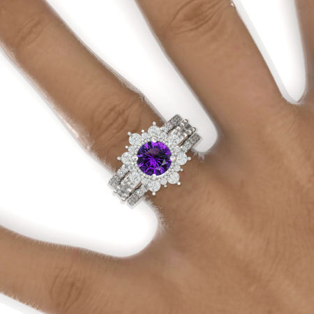 2 Carat Round  Brilliant Cut Natural Amethyst Halo 14K White Gold Engagement Ring, Eternity Rings Set