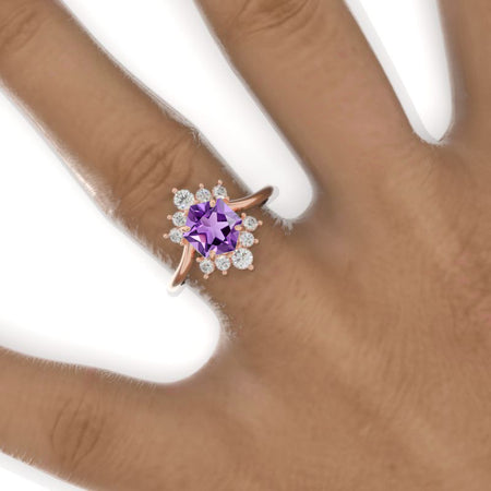 3 Carat Hexagon Natural Amethyst Halo 14K White Gold Engagement Ring