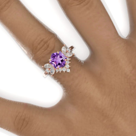 3 Carat Hexagon Natural Amethyst Cluster Halo 14K White Gold Engagement Ring