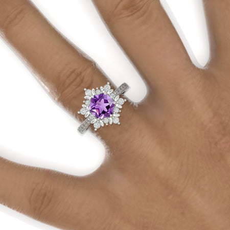 3 Carat Hexagon Natural Amethyst Snowflake Halo 14K White Gold Engagement Ring