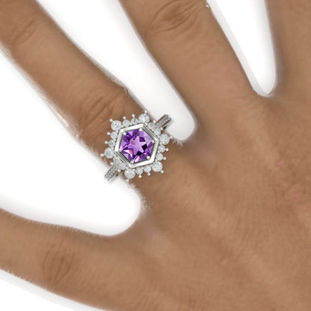 3 Carat Hexagon Natural Amethyst Snowflake Halo 14K White Gold Engagement Ring