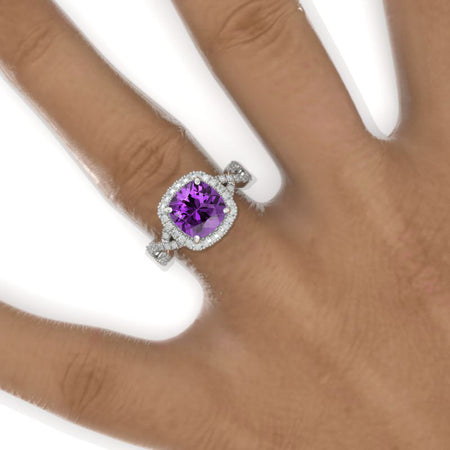 3 Carat Cushion Cut Vintage Style Halo Natural Amethyst White Gold Engagement Ring