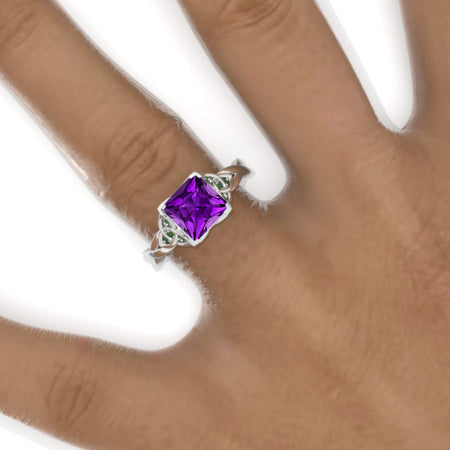 2 Carat Princess Natural Amethyst Celtic Engagement Ring 14K White Gold Ring