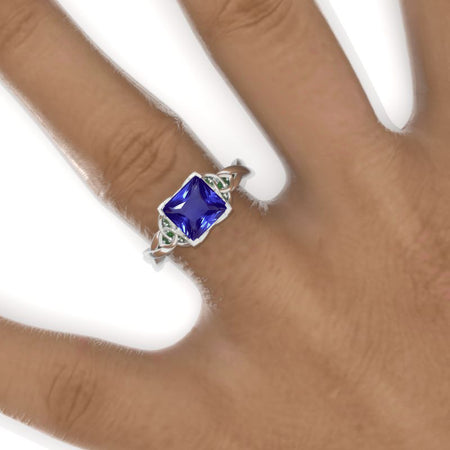 2 Carat Princess Natural Genuine Tanzanite Celtic Engagement Ring 14K White Gold Ring