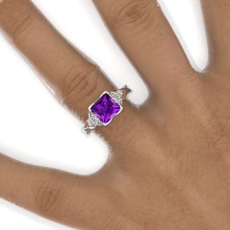 2 Carat Princess Natural Amethyst Celtic Engagement Ring 14K White Gold Ring