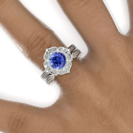 Natural Genuine Tanzanite Floral Halo 14K White Gold Engagement Ring, Eternity Ring Set