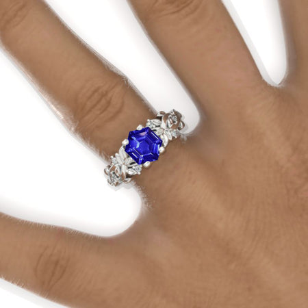 3 Carat Hexagon Natural Genuine Tanzanite Floral 14K White Gold Engagement Ring