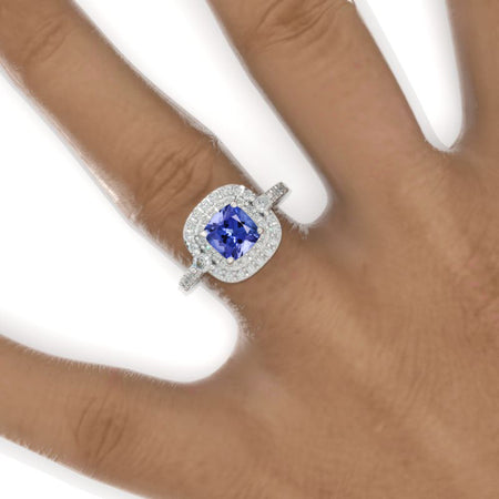 1 Carat Cushion Cut Vintage Style Double Halo Unique Natural Genuine Tanzanite White Gold Engagement Ring