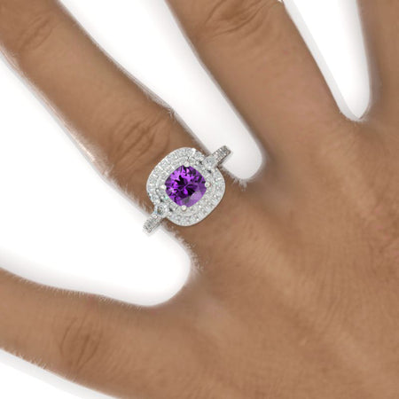 1 Carat Cushion Cut Vintage Style Double Halo Unique Natural Amethyst White Gold Engagement Ring