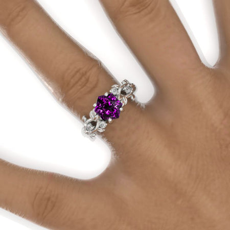 3 Carat Hexagon Purple Sapphire Floral 14K White Gold Engagement Ring 