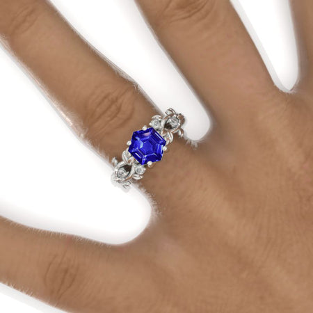 3 Carat Hexagon Natural Genuine Tanzanite Floral 14K White Gold Engagement Ring