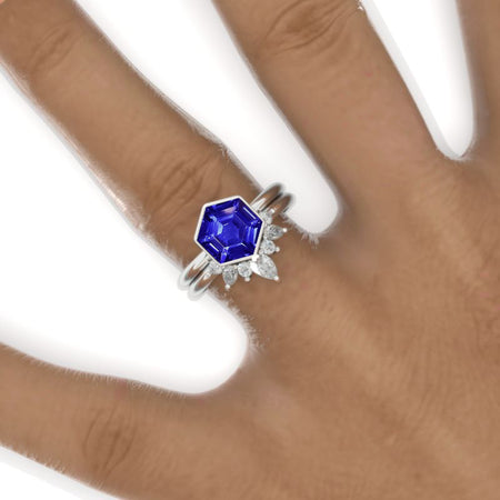 3 Carat Hexagon Bezel Set Natural Genuine Tanzanite Cluster Halo 14K White Gold Engagement Ring Set