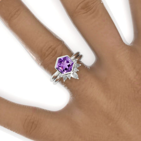 3 Carat Hexagon Bezel Set Natural Amethyst Cluster Halo 14K White Gold Engagement Ring Set