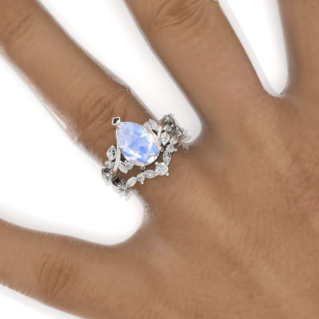 3 Carat Pear Genuine Natural Moonstone Halo Floral Engagement Ring 14K White Gold Ring Set