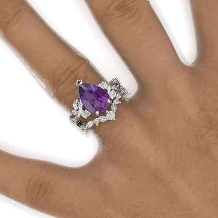 3 Carat Pear Natural Amethyst Halo Floral Engagement Ring 14K White Gold Ring Set