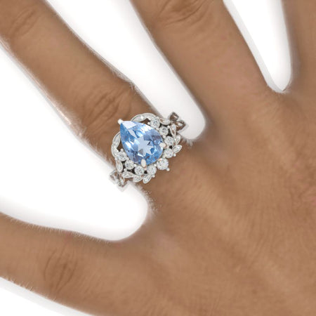 3 Carat Pear Genuine Natural Aquamarine Halo Floral Twig Engagement Ring 14K White Gold Ring