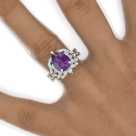 3 Carat Pear Natural Amethyst Halo Floral Twig Engagement Ring 14K White Gold Ring