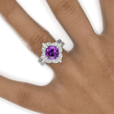 3 Carat Cushion Natural Amethyst Halo 14K White Gold Engagement Ring, Eternity Ring Set