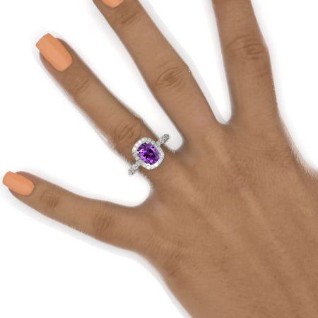 2 Carat 9x7mm Cushion Cut Vintage Style Halo Natural Amethyst White Gold Engagement Ring