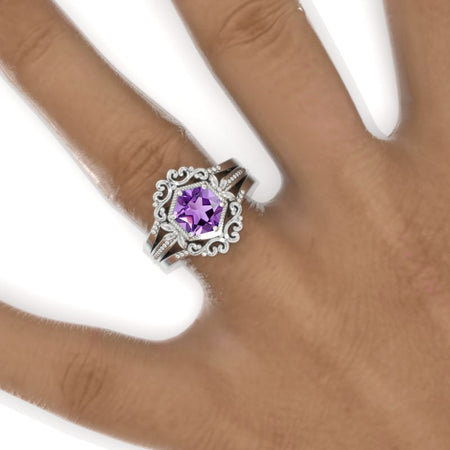 3 Carat Hexagon Bezel Set Natural Amethyst Cluster Halo 14K White Gold Engagement Ring Set