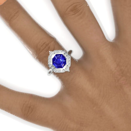 3 Carat Hexagon Natural Genuine Tanzanite Halo 14K White Gold Engagement Ring