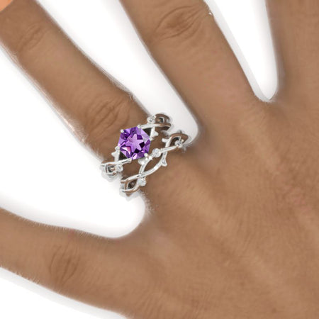 3 Carat Hexagon Natural Amethyst Cluster Halo 14K White Gold Floral Engagement Ring Set