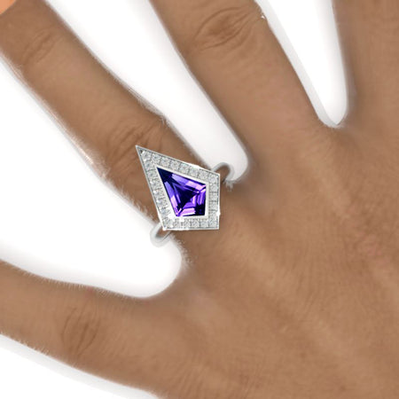 2.5 Carat Kite Natural Amethyst Halo Engagement Ring. 2.5CT Fancy Shape Bezel Natural Amethyst Ring