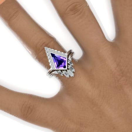 2.5 Carat Kite Natural Amethyst Halo Engagement Ring Set. 2.5CT Fancy Kite Shape Bezel Natural Amethyst Ring Set