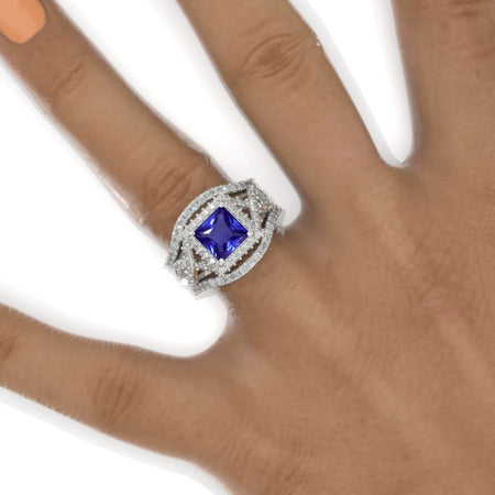 2 Carat Princess Natural Genuine Tanzanite Halo 14K White Gold Engagement Ring Eternity Ring Set