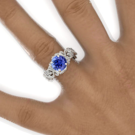 2 Carat Natural Genuine Tanzanite Ornamental Floral White Gold Engagement Ring