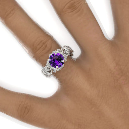 2 Carat Natural Amethyst Ornamental Floral White Gold Engagement Ring