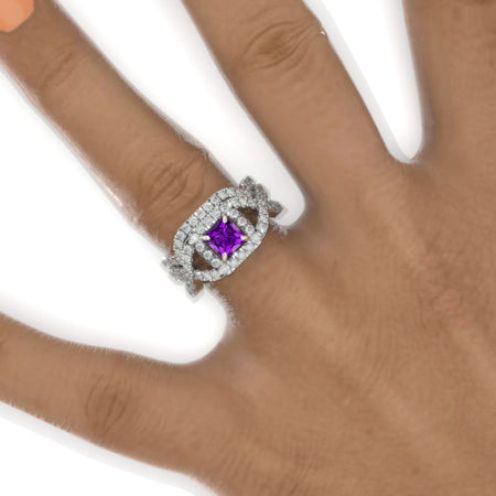 1 Carat Princess Cut Natural Amethyst Halo Twisted Shank Engagement Ring, Eternity Ring Set