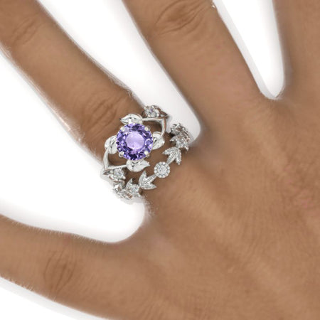 2 Carat Round Purple Sapphire Floral Twig Engagement Ring, Eternity Ring Set