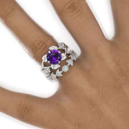 2 Carat Round Natural Amethyst Floral Twig Engagement Ring, Eternity Ring Set