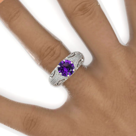 2 Carat Round Natural Amethyst Victorian Style Lace Shank Engagement Ring. Victorian 14K White Gold Ring