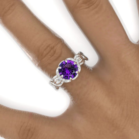 2 Carat Round Natural Amethyst Floral Twig Shank Engagement Ring