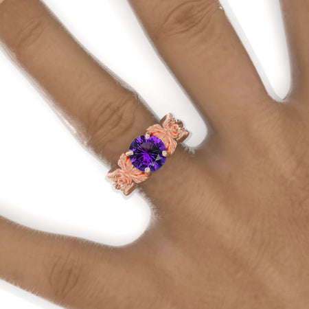 2 Carat Round Natural Amethyst Rose Floral Twig Shank Engagement Ring