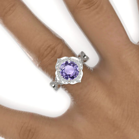 2 Carat Round Purple Sapphire Floral Halo Twisted Shank Engagement Ring