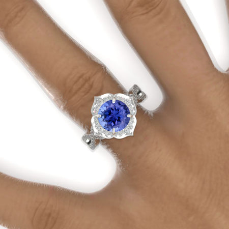 2 Carat Round Natural Genuine Tanzanite Floral Halo Twisted Shank Engagement Ring