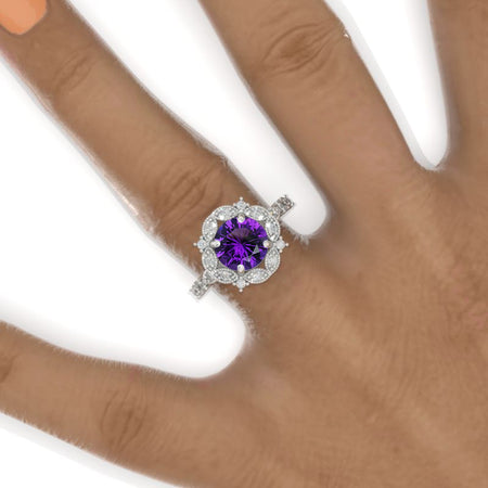 2 Carat Round Natural Amethyst Floral Halo Twisted Shank Engagement Ring