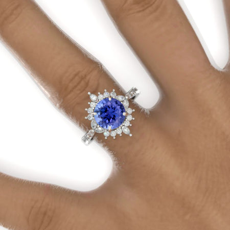 2 Carat Round Natural Genuine Tanzanite Floral Halo Shank Engagement Ring