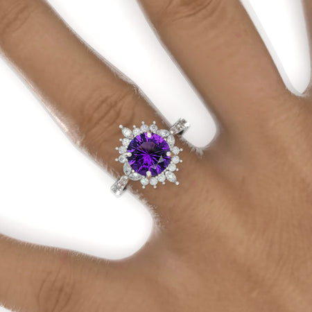 2 Carat Round Natural Amethyst Floral Halo Shank Engagement Ring