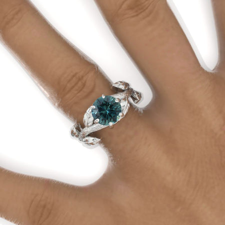 2 Carat Round Teal  Sapphire Floral Twig Shank Engagement Ring