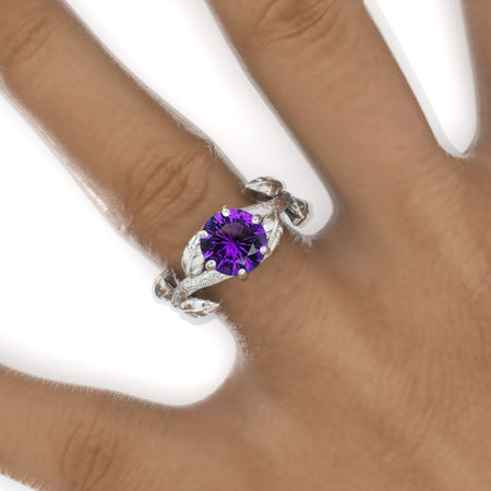 2 Carat Round Natural Amethyst Floral Twig Shank Engagement Ring