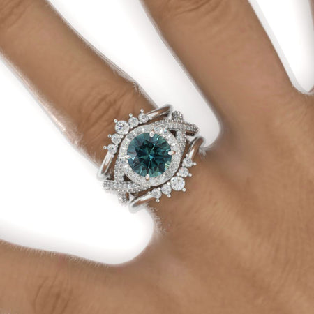 2 Carat Round Teal Sapphire Halo 14K White Gold Twisted Shank Engagement Ring Set