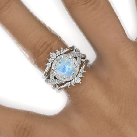 2 Carat Round Genuine Natural Moonstone Halo 14K White Gold Twisted Shank Engagement Ring Set